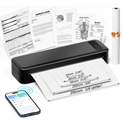 TATTMUSE无线便携式打印机，A285M无墨热敏打印机，小型蓝牙移动打印机支持8.5“X 11”信件和A4热敏纸，兼容手机笔记本电脑，适合旅行家庭办公室使用